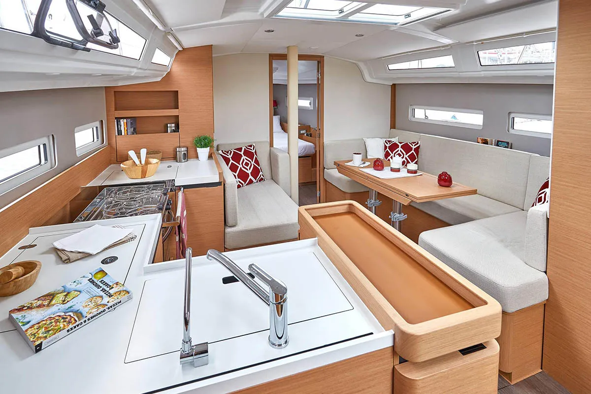 Galley of Hygge, a Jeanneau Sun Odyssey 410 sailboat at Athens, Greece