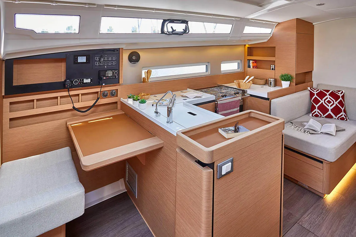 Galley of Hygge, a Jeanneau Sun Odyssey 410 sailboat at Athens, Greece