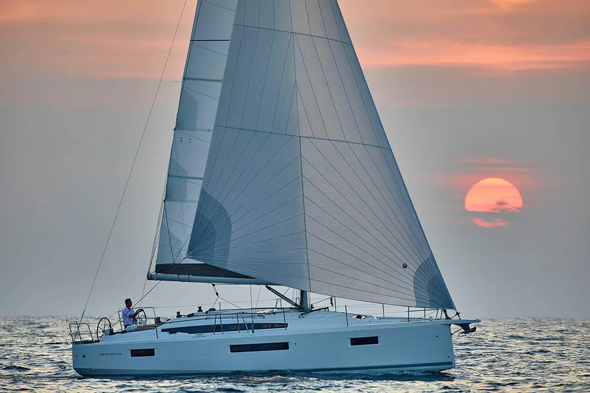 Exterior view of Hygge, a Jeanneau Sun Odyssey 410 sailboat at Athens, Greece