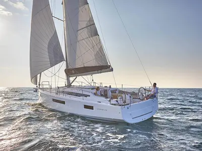 Exterior view of Hygge, a Jeanneau Sun Odyssey 410 sailboat at Athens, Greece