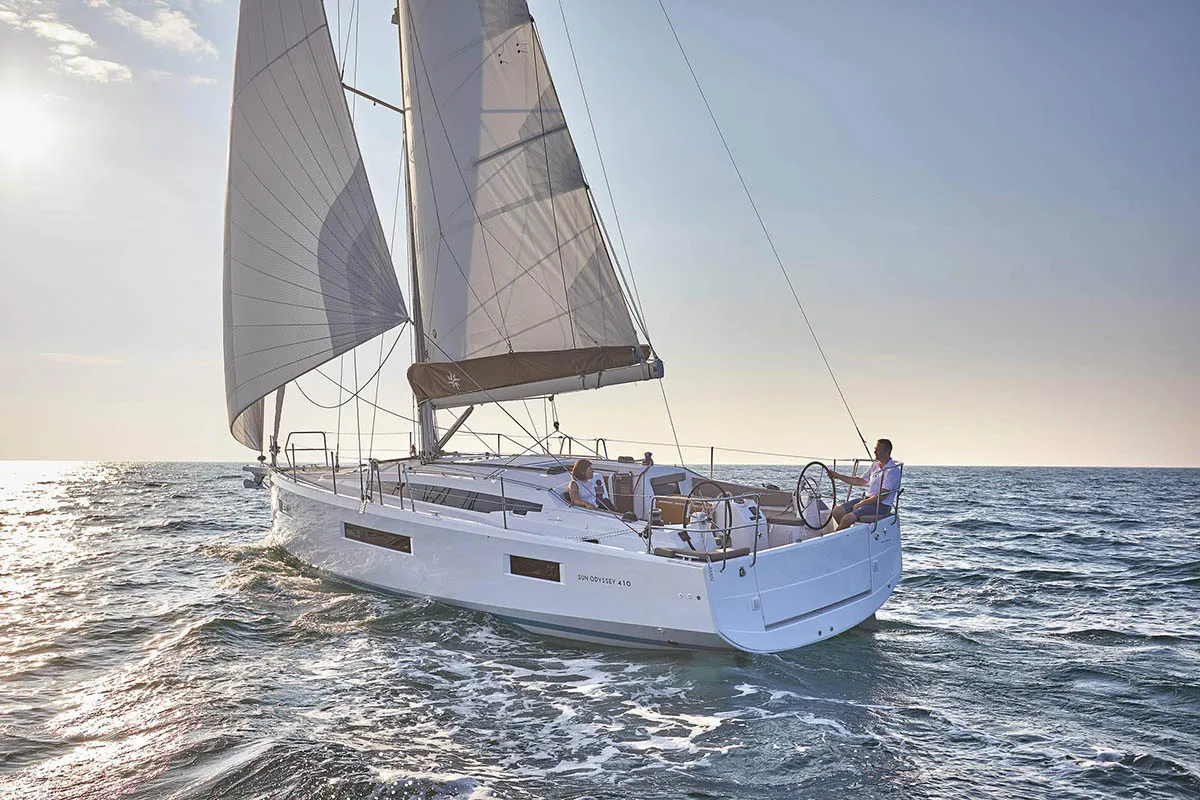 Exterior view of Hygge, a Jeanneau Sun Odyssey 410 sailboat at Athens, Greece