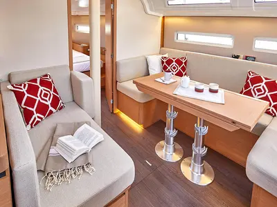 Salon of Hygge, a Jeanneau Sun Odyssey 410 sailboat at Athens, Greece