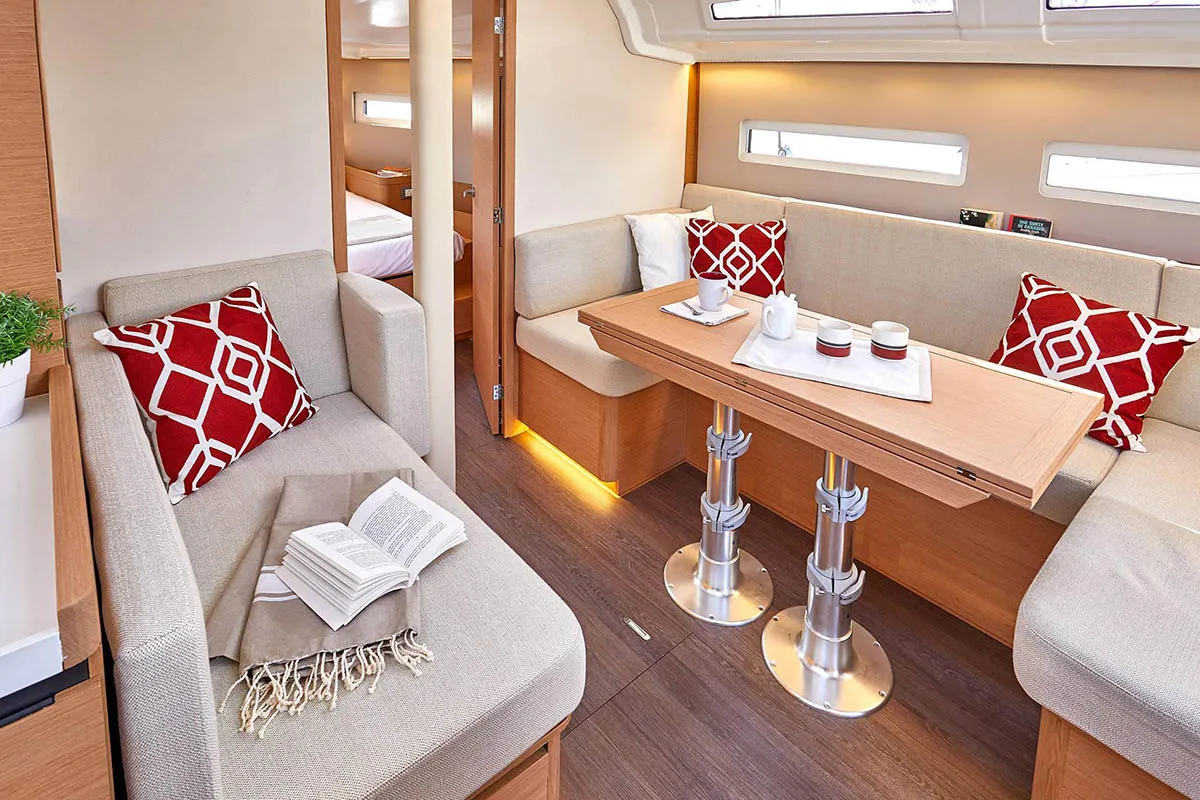 Salon of Hygge, a Jeanneau Sun Odyssey 410 sailboat at Athens, Greece