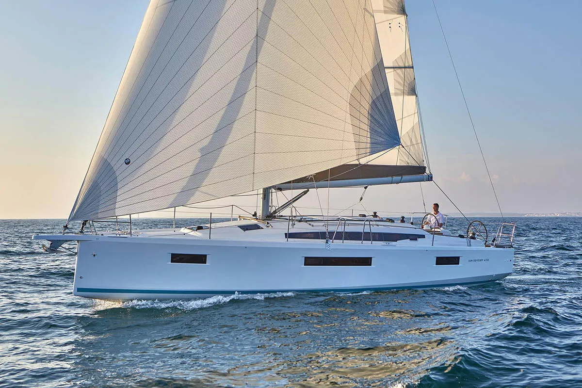 Exterior view of Hygge, a Jeanneau Sun Odyssey 410 sailboat at Athens, Greece