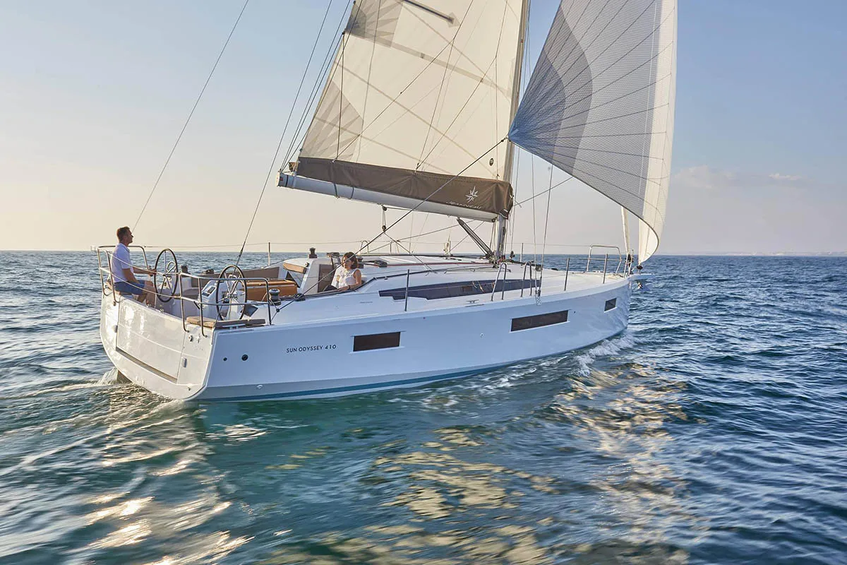 Exterior view of Hygge, a Jeanneau Sun Odyssey 410 sailboat at Athens, Greece