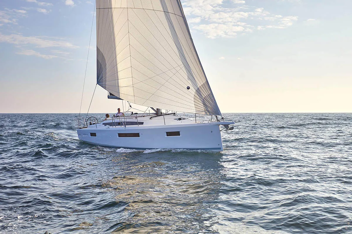 Exterior view of Hygge, a Jeanneau Sun Odyssey 410 sailboat at Athens, Greece
