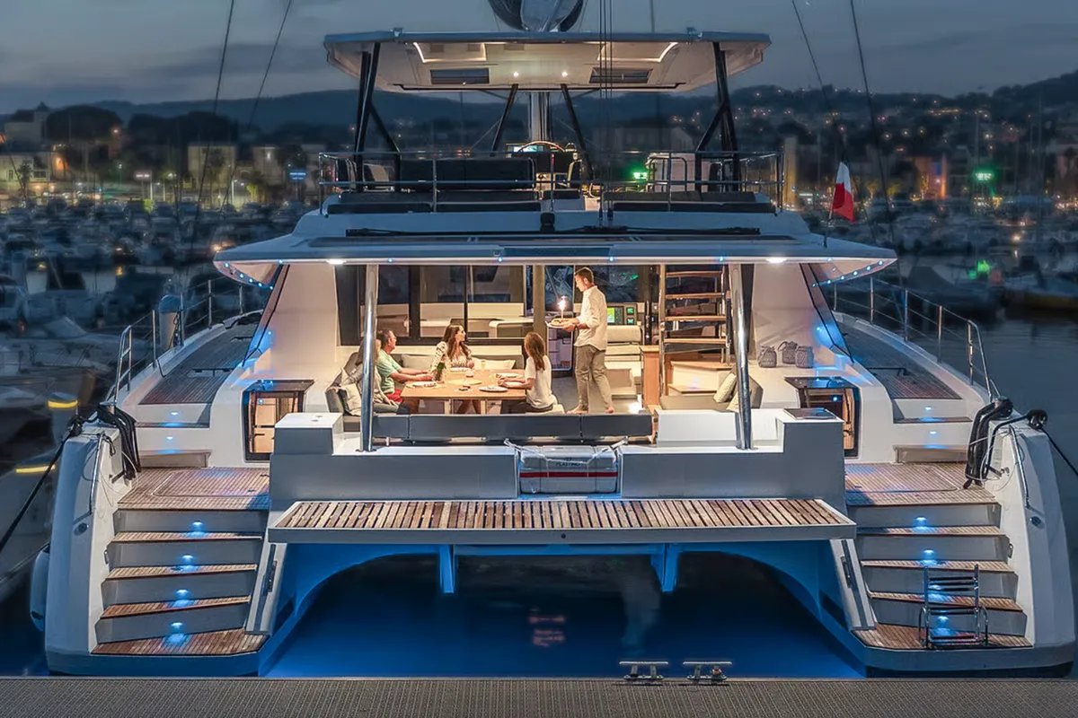 Deck of Caffè di Sicilia, a Fountaine Pajot Samana 59 catamaran at Palermo, Italy
