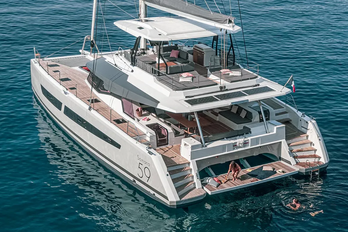 Exterior view of Caffè di Sicilia, a Fountaine Pajot Samana 59 catamaran at Palermo, Italy