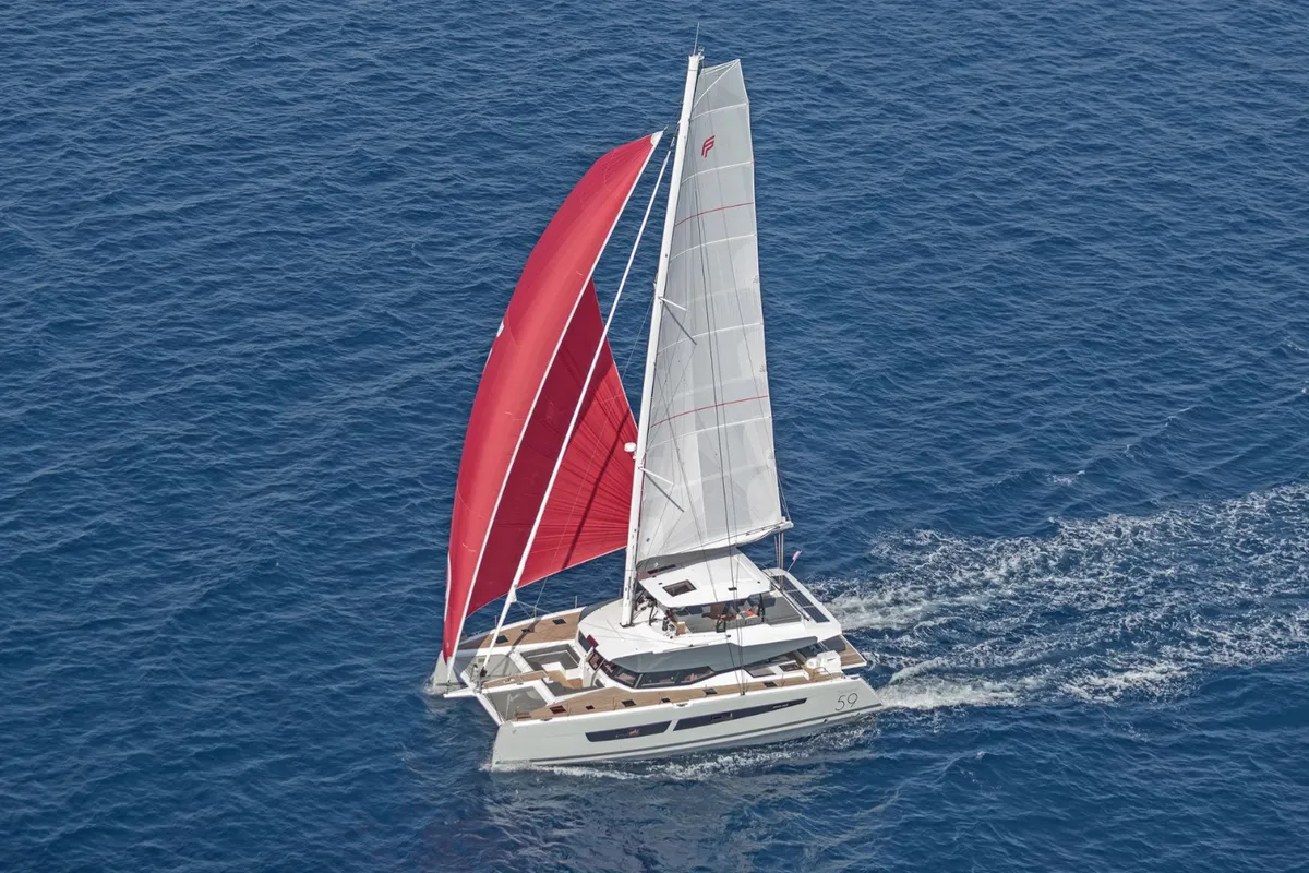 Exterior view of Caffè di Sicilia, a Fountaine Pajot Samana 59 catamaran at Palermo, Italy