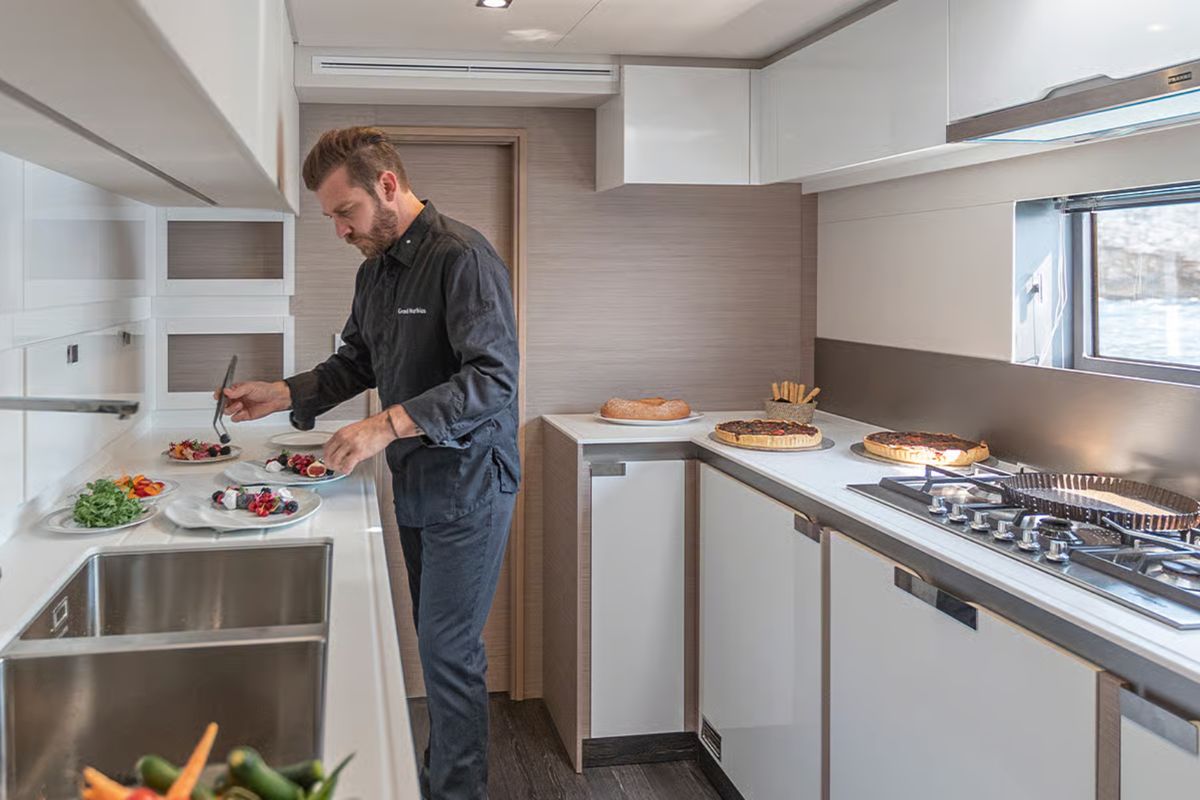 Galley of Caffè di Sicilia, a Fountaine Pajot Samana 59 catamaran at Palermo, Italy