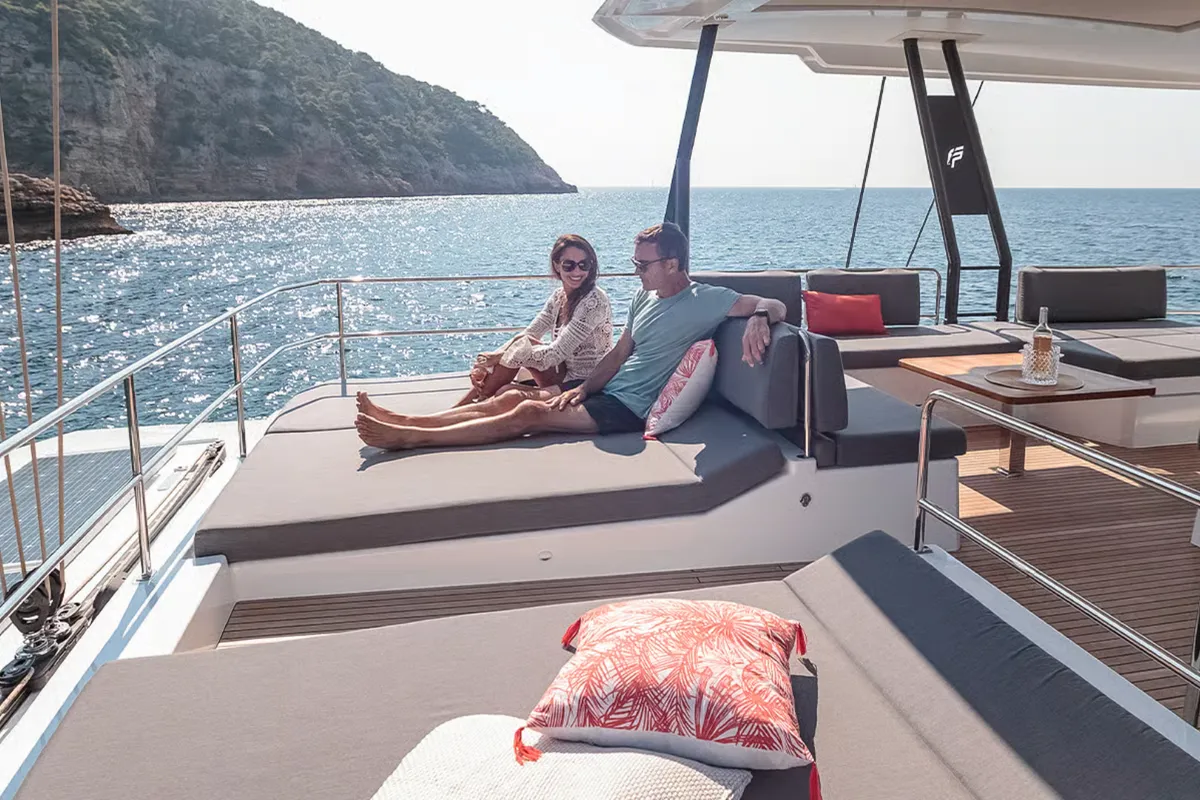 Deck of Caffè di Sicilia, a Fountaine Pajot Samana 59 catamaran at Palermo, Italy