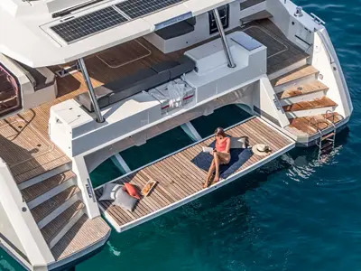 Deck of Caffè di Sicilia, a Fountaine Pajot Samana 59 catamaran at Palermo, Italy
