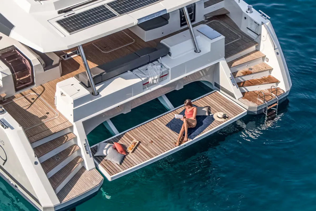 Deck of Caffè di Sicilia, a Fountaine Pajot Samana 59 catamaran at Palermo, Italy