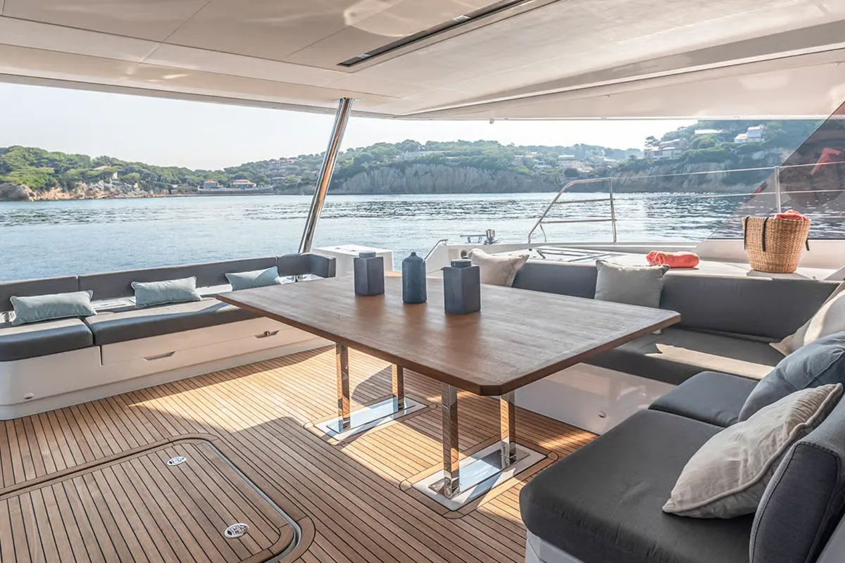 Deck of Caffè di Sicilia, a Fountaine Pajot Samana 59 catamaran at Palermo, Italy
