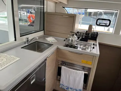 Galley of BALACOBACO, a Lagoon 40 catamaran at Paraty, Brazil