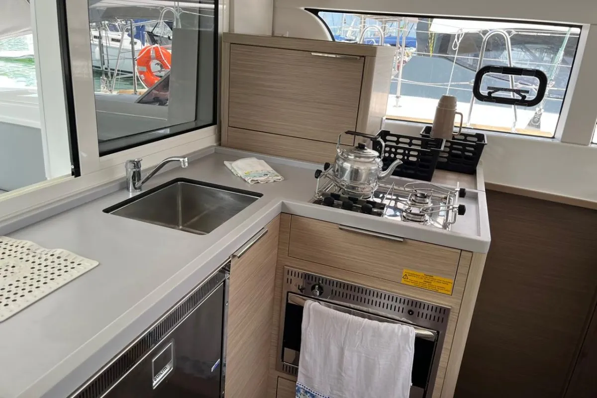 Galley of BALACOBACO, a Lagoon 40 catamaran at Paraty, Brazil