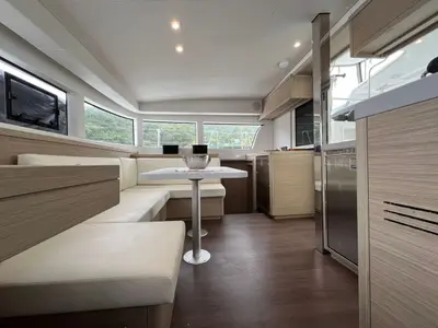 Salon of BALACOBACO, a Lagoon 40 catamaran at Paraty, Brazil
