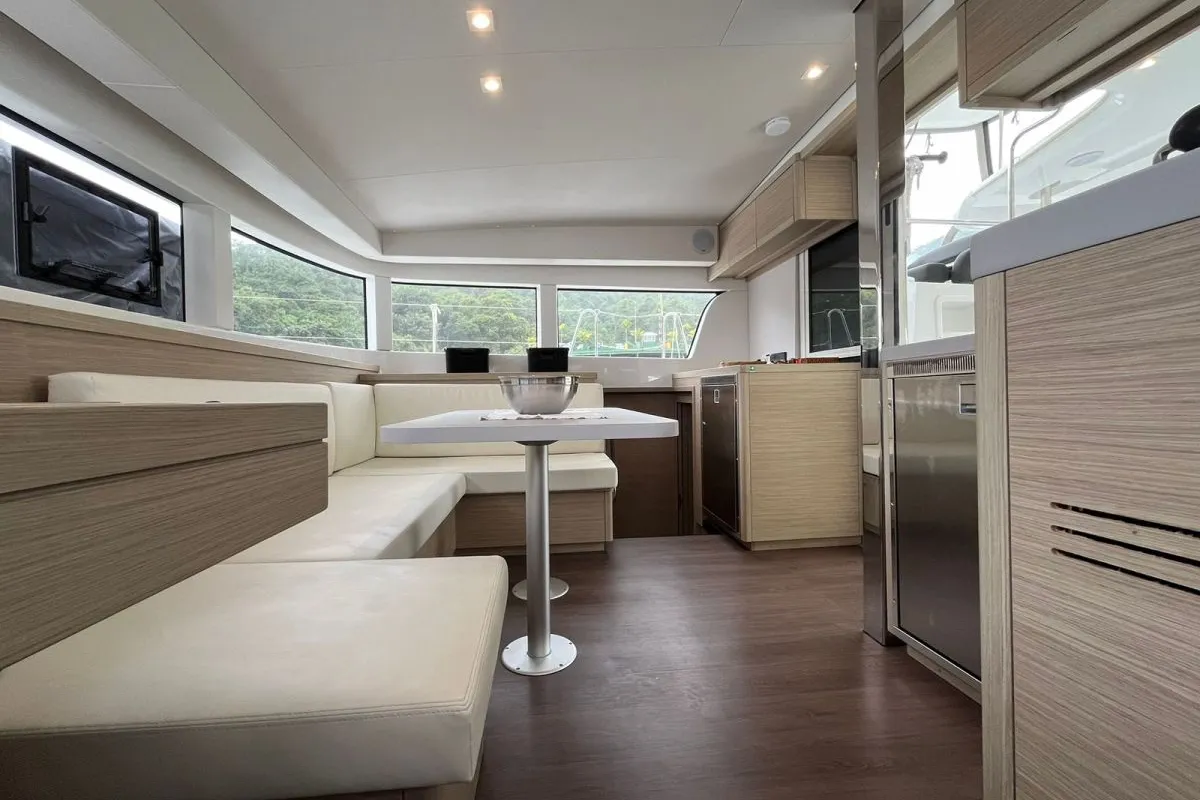 Salon of BALACOBACO, a Lagoon 40 catamaran at Paraty, Brazil
