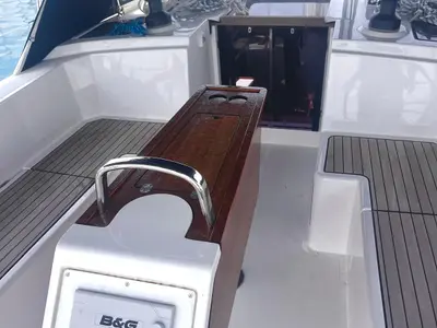 Cockpit of ARYA, a Bavaria C38 sailboat at Općina Sukošan, Croatia