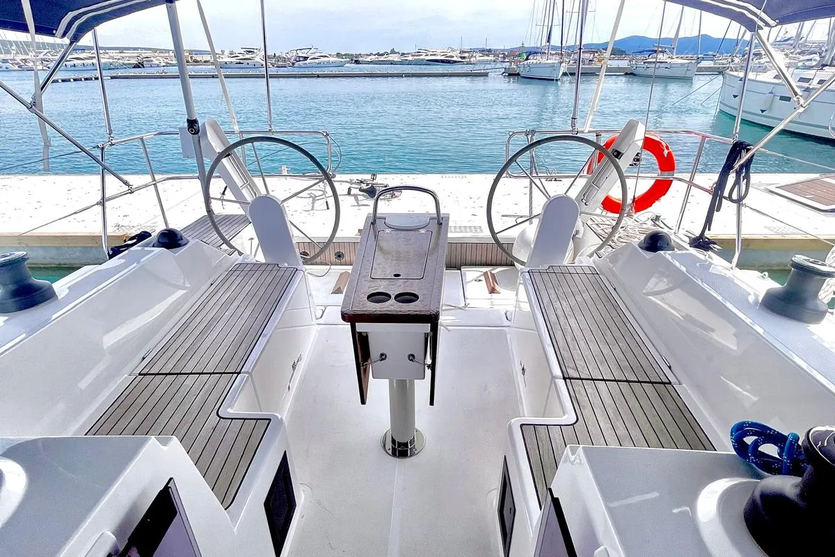 Cockpit of ARYA, a Bavaria C38 sailboat at Općina Sukošan, Croatia