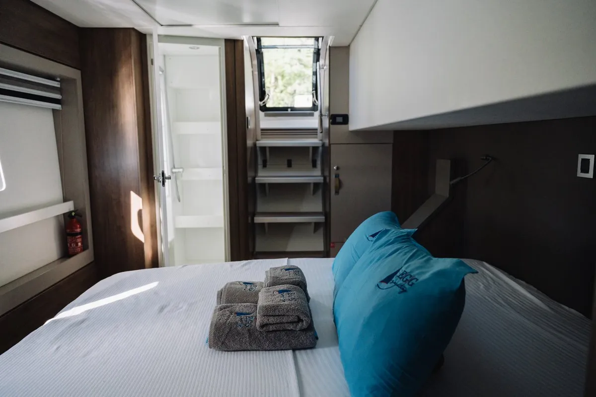Cabin on Resif, a Bali 4.8 OW catamaran at Fethiye, Turkey