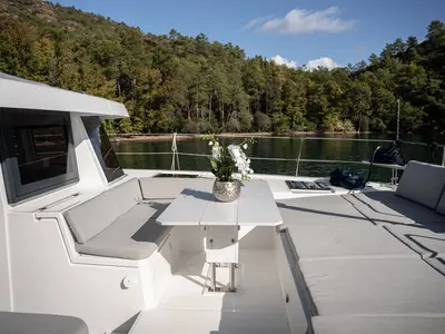 Deck of Resif, a Bali 4.8 OW catamaran at Fethiye, Turkey