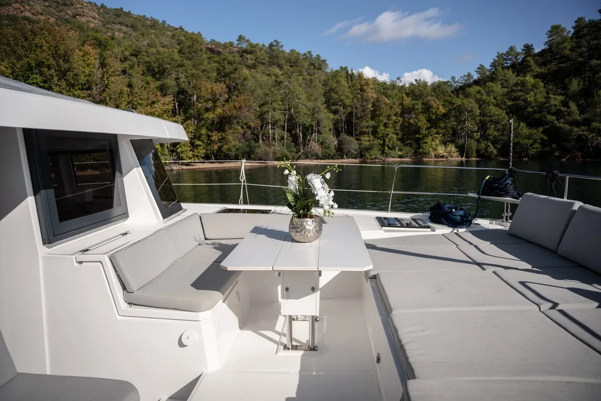 Deck of Resif, a Bali 4.8 OW catamaran at Fethiye, Turkey