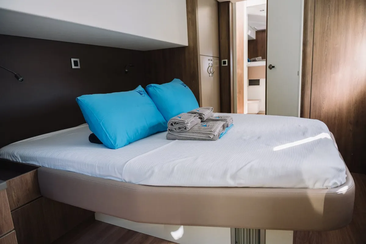 Cabin on Resif, a Bali 4.8 OW catamaran at Fethiye, Turkey