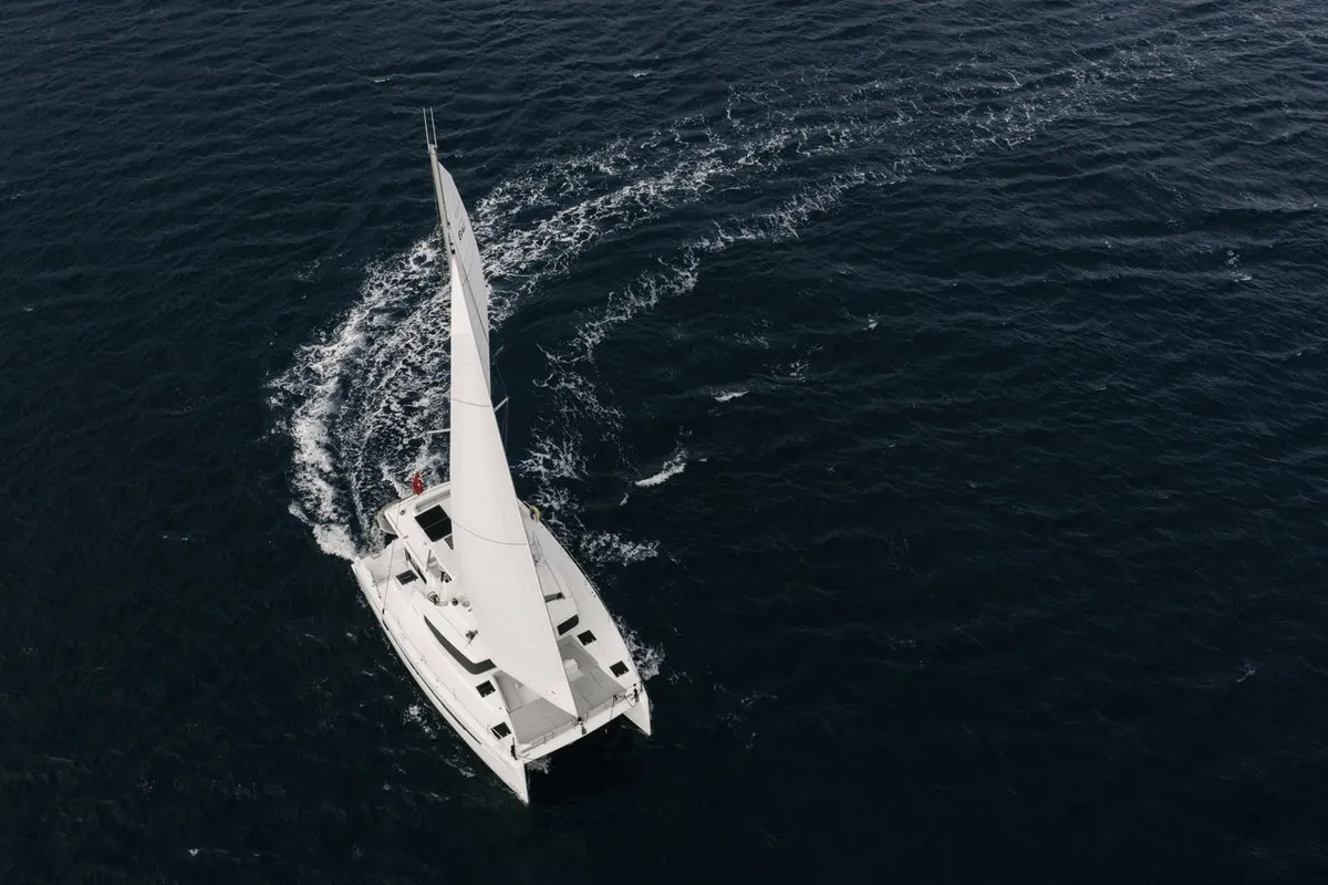 Exterior view of Resif, a Bali 4.8 OW catamaran at Fethiye, Turkey