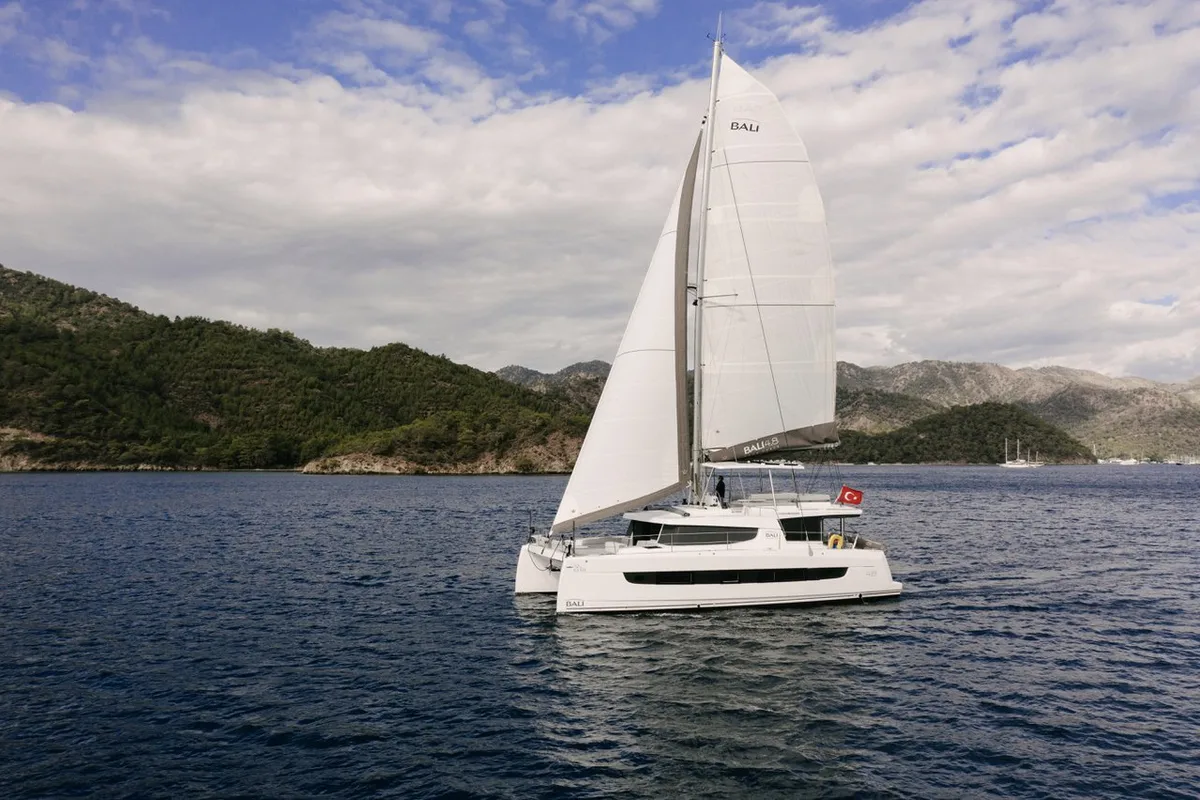 Exterior view of Resif, a Bali 4.8 OW catamaran at Fethiye, Turkey