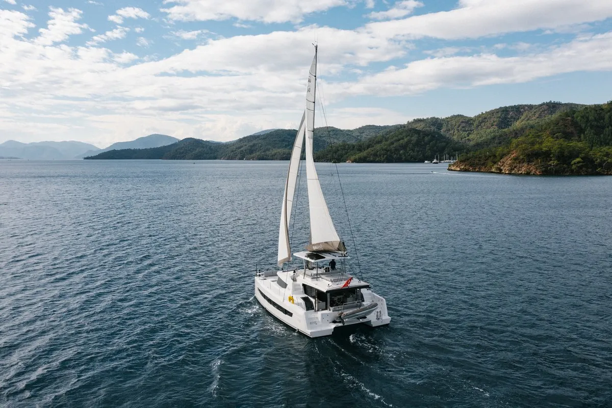 Exterior view of Resif, a Bali 4.8 OW catamaran at Fethiye, Turkey