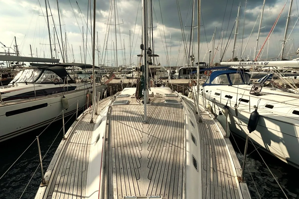 Deck of Alexandros II, a Ocean Star 56.1 sailboat at Athens, Greece