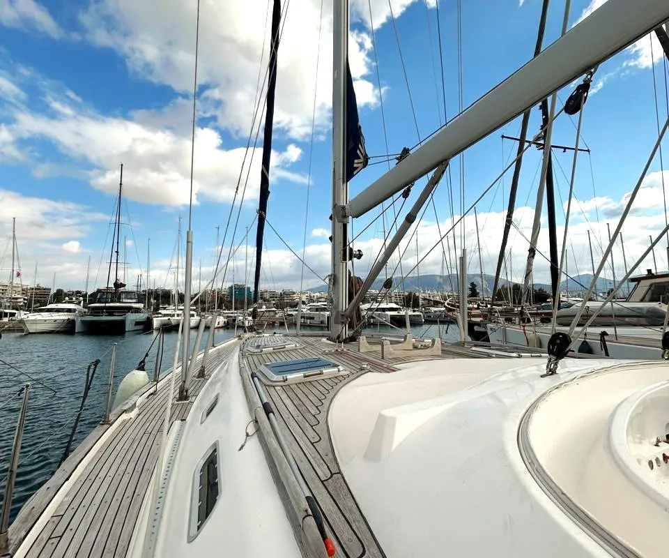Deck of Alexandros II, a Ocean Star 56.1 sailboat at Athens, Greece
