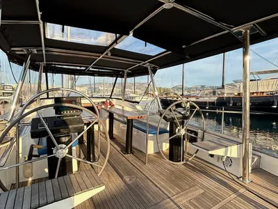 Cockpit of Alexandros II, a Ocean Star 56.1 sailboat at Athens, Greece