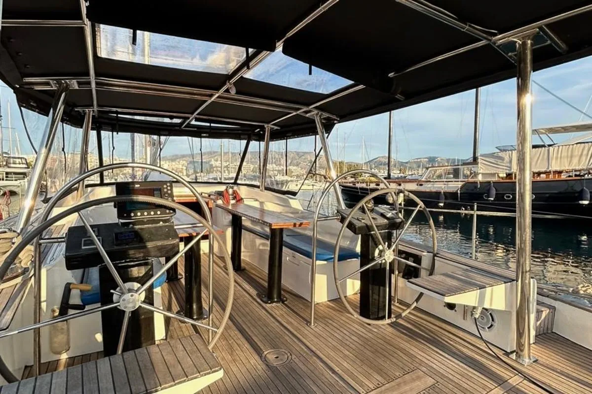 Cockpit of Alexandros II, a Ocean Star 56.1 sailboat at Athens, Greece