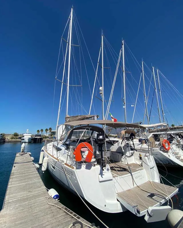 Exterior view of Bianca Lady Gio, a Jeanneau Sun Odyssey 519 sailboat at Castellammare di Stabia, Italy