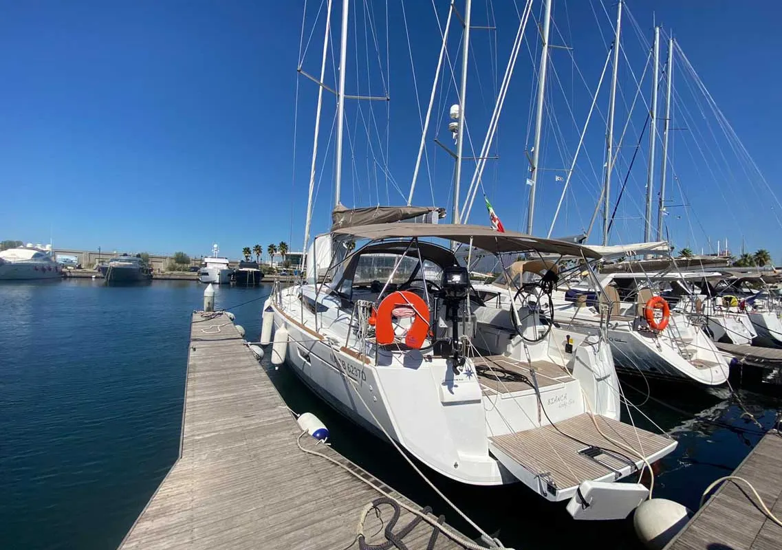 Exterior view of Bianca Lady Gio, a Jeanneau Sun Odyssey 519 sailboat at Castellammare di Stabia, Italy
