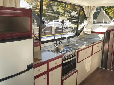 Galley of Harlingen, a Nicols Sedan 1160 motorboat at Lübz, Germany