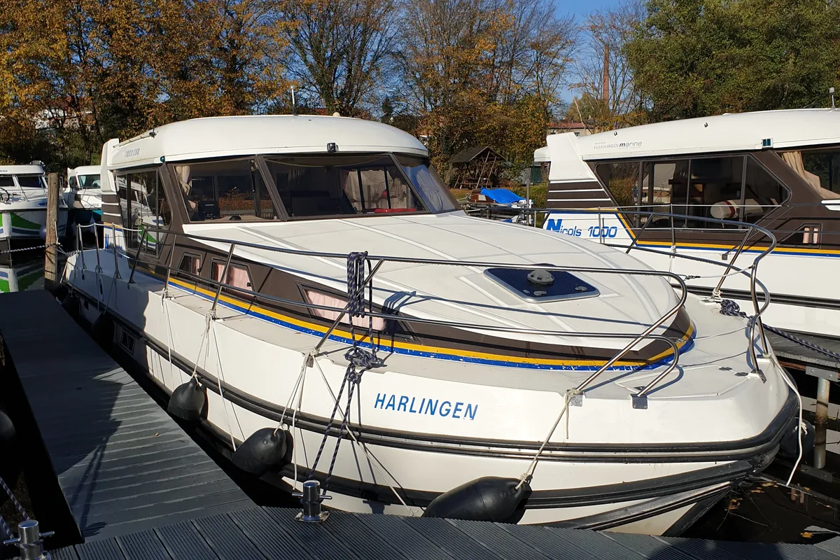 Exterior view of Harlingen, a Nicols Sedan 1160 motorboat at Lübz, Germany