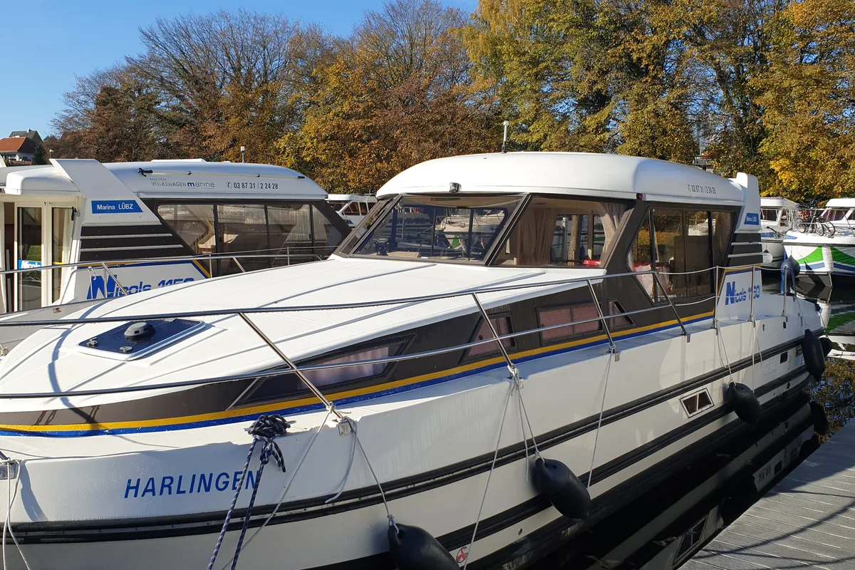 Exterior view of Harlingen, a Nicols Sedan 1160 motorboat at Lübz, Germany
