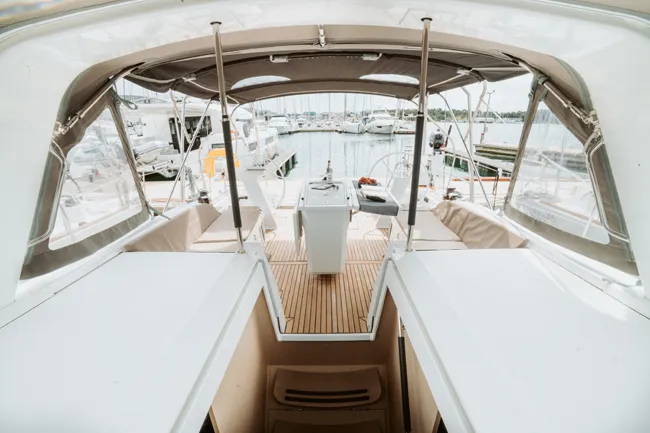 Cockpit of HERA, a Beneteau Oceanis 46.1 sailboat at Grad Šibenik, Croatia