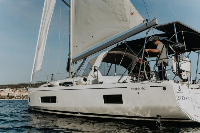 Exterior view of HERA, a Beneteau Oceanis 46.1 sailboat at Grad Šibenik, Croatia