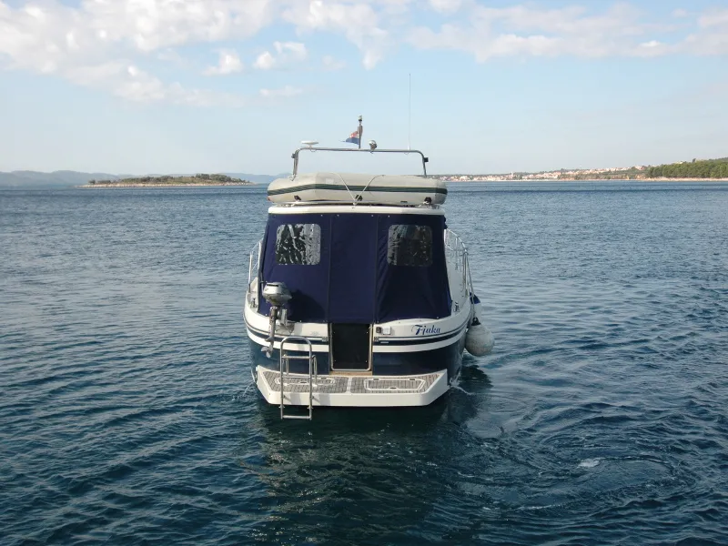 Exterior view of Fjaka, a SAS - Vektor Adria 1002 motorboat at Općina Sukošan, Croatia