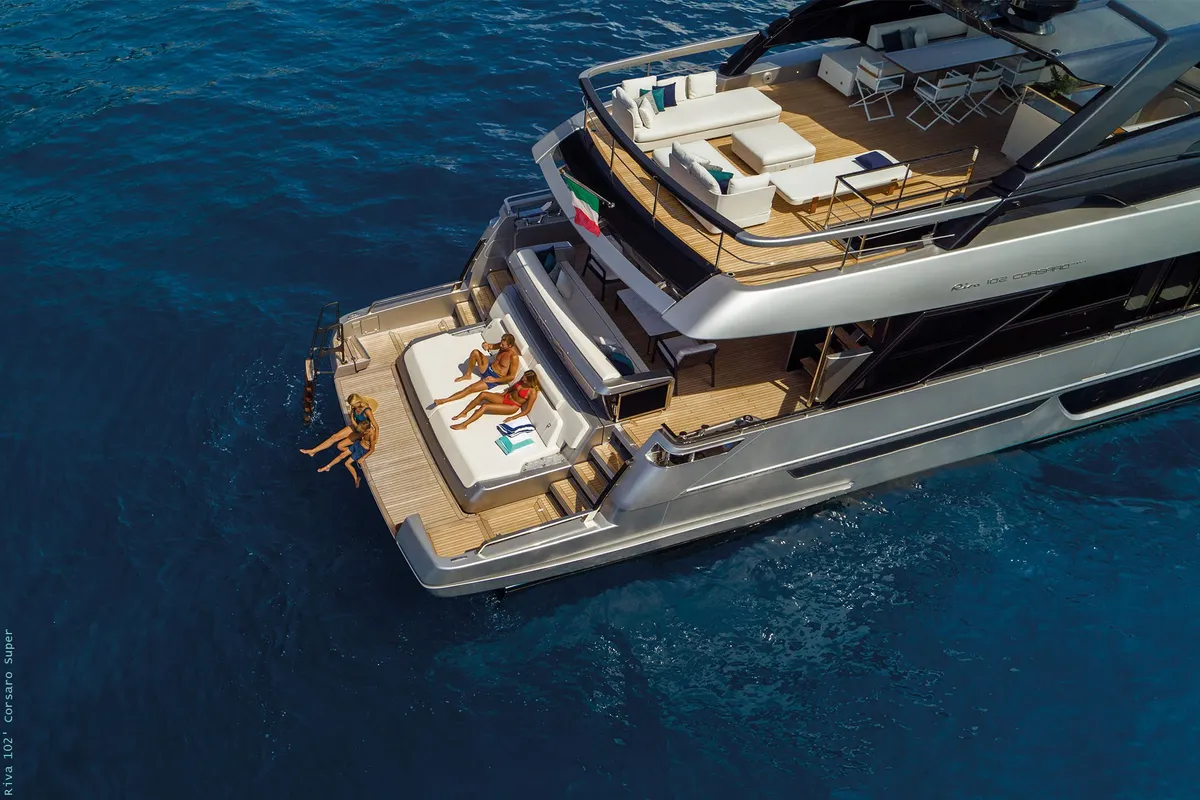Exterior view of Icona, a Riva 102 Corsaro Super motor yacht at Mandelieu-la-Napoule, France