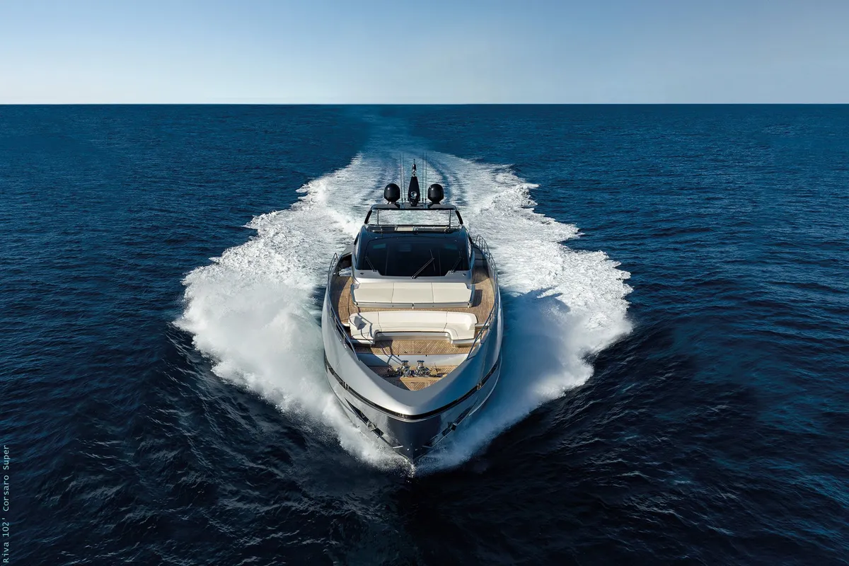 Exterior view of Icona, a Riva 102 Corsaro Super motor yacht at Mandelieu-la-Napoule, France