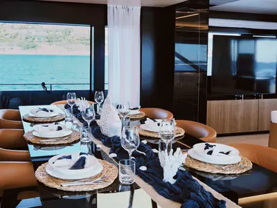 Salon of Icona, a Riva 102 Corsaro Super motor yacht at Mandelieu-la-Napoule, France