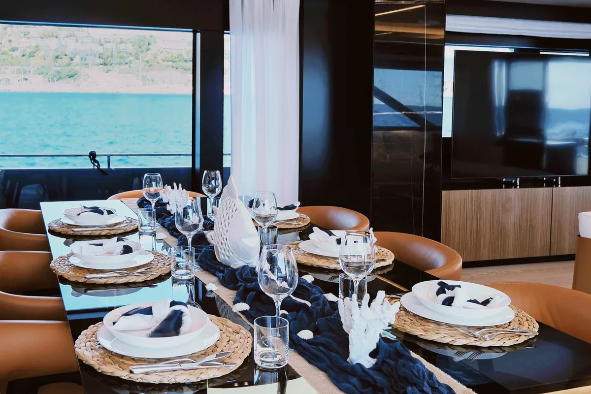 Salon of Icona, a Riva 102 Corsaro Super motor yacht at Mandelieu-la-Napoule, France