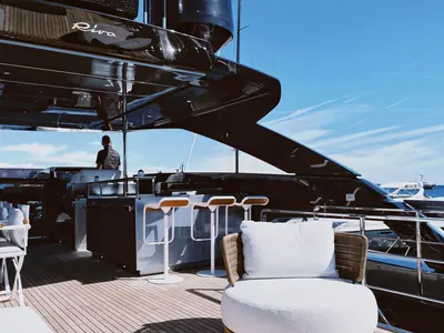Deck of Icona, a Riva 102 Corsaro Super motor yacht at Mandelieu-la-Napoule, France
