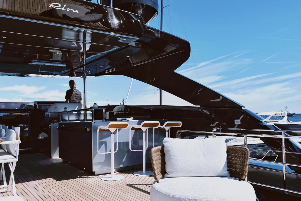 Deck of Icona, a Riva 102 Corsaro Super motor yacht at Mandelieu-la-Napoule, France