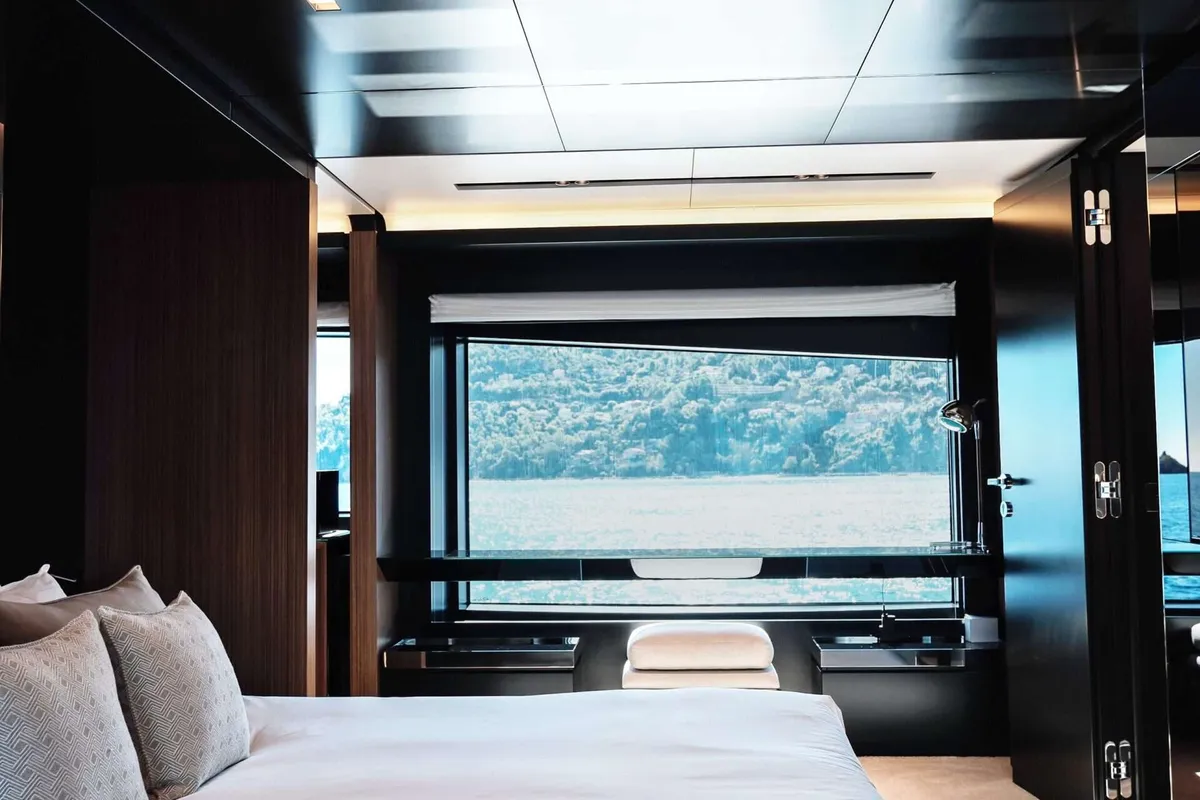 Cabin on Icona, a Riva 102 Corsaro Super motor yacht at Mandelieu-la-Napoule, France